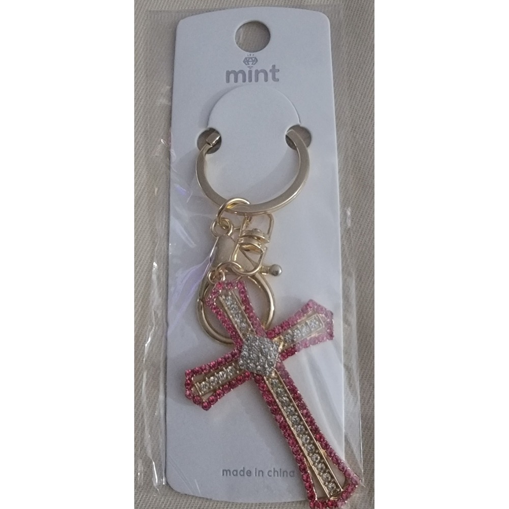 Mint Pink Rhinestone Cross Keychain Gold Tone Crystal Religious Bag Charm NWT - Picture 2 of 2